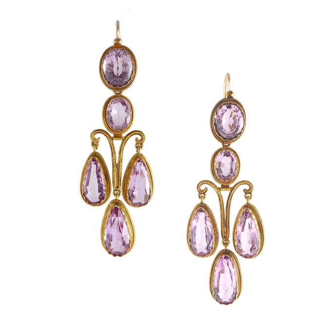 Pair of 19th century pink topaz and gold ropetwist triple drop earrings, probably French c.1860, | MasterArt